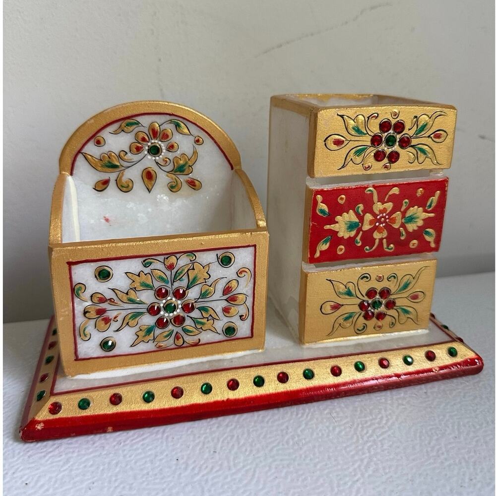 Handcrafted Marble Pen Holder /Card Slot, Desk Organizer Artwork red colorful